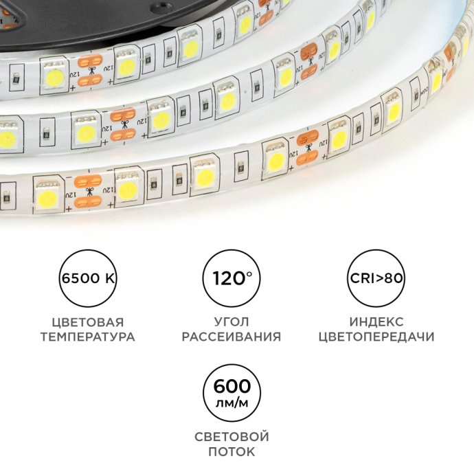 Детальное фото LED ленты 12В 14.4Вт холодный белый 6500K SMD5050 IP65 10м на белой PCB