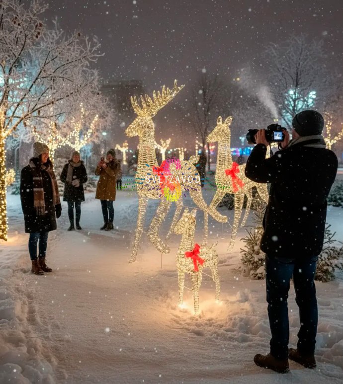 Детальное фото комплекта из трех светодиодных каркасных фигур оленей разного размера, установленных на улице в вечернее время.