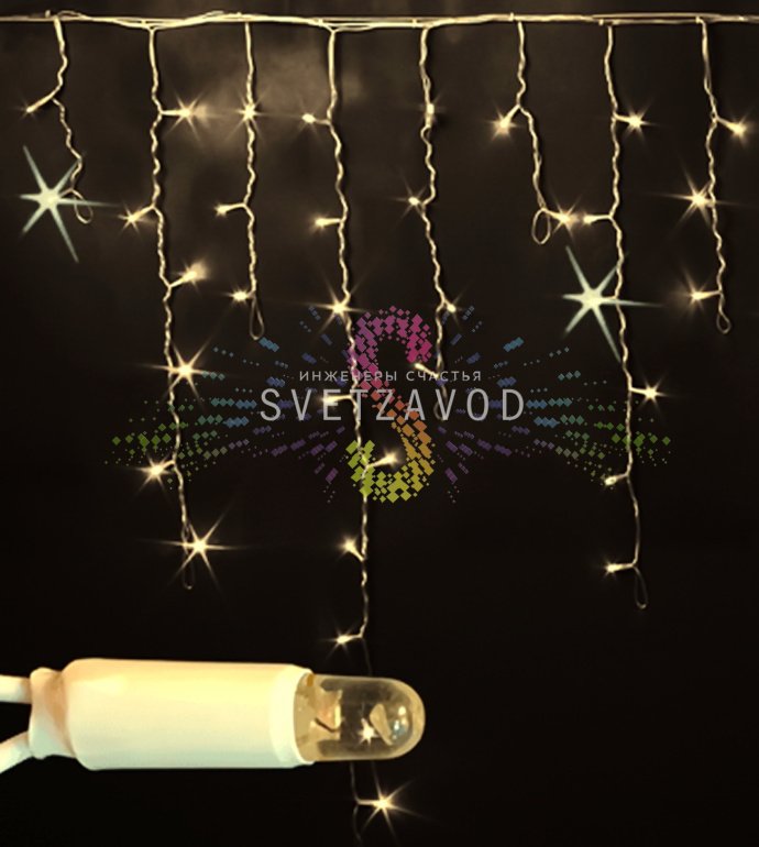 Детальное фото светодиодной бахромы Айсикл Rich Led: горизонтальная шина 3м с вертикальными нитями 20/30/40/90 см, теплые белые светодиоды, белый ПВХ кабель, коннекторы для соединения.