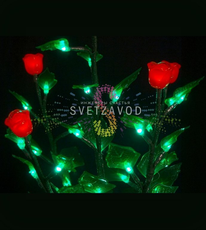 Детальное фото светодиодного куста розы 0.6м: видны ветви со светодиодами, горшок, блок питания. Защита IP44 для улицы.