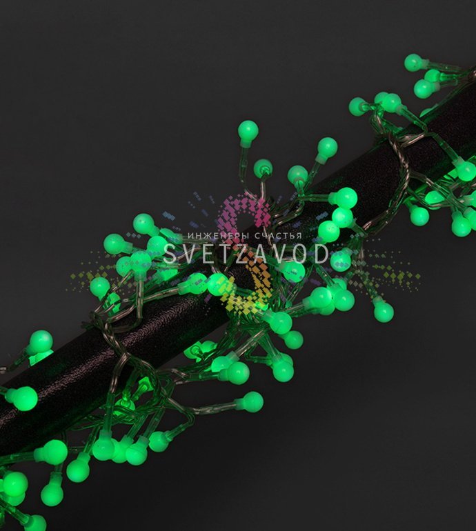 Детальное фото гирлянды Мишура Neon-Night: зеленые светодиодные шарики на прозрачном ПВХ проводе, контроллер с 8 режимами.