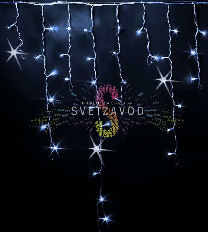 Детальное фото светодиодной бахромы Айсикл Rich Led: горизонтальный кабель 3 метра с вертикальными нитями разной длины, прозрачный ПВХ провод, белые светодиоды.