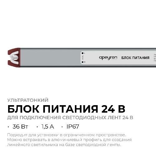 Блок питания 24В, 36Вт, 200-264В, 1,5А, IP67, алюм., 282х18х15, ультратонкий, серебро