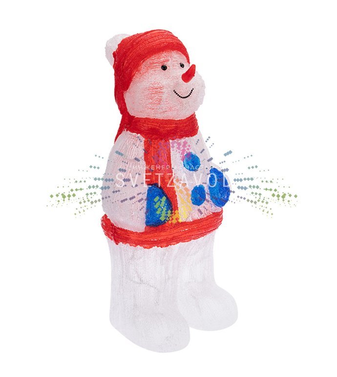 Детальное фото акриловой 3D фигуры Снеговика высотой 59 см. Видны яркие светодиоды, синие варежки, металлический каркас и защищенный от влаги корпус.