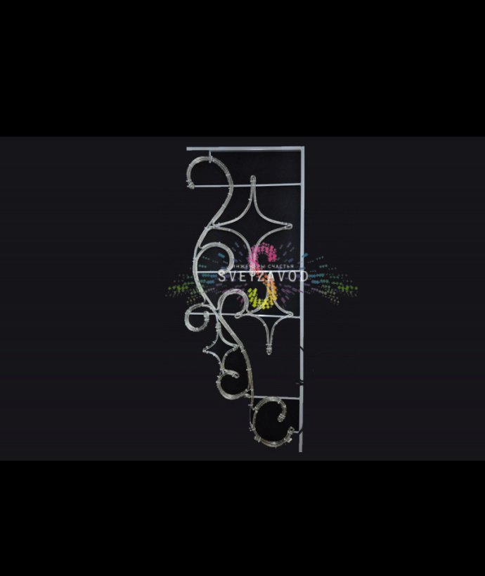 Крупный план светодиодной консоли 'Две звезды' с металлическим каркасом, бандажным креплением и равномерным теплым белым свечением светодиодов. Видны габариты 170х68 см.