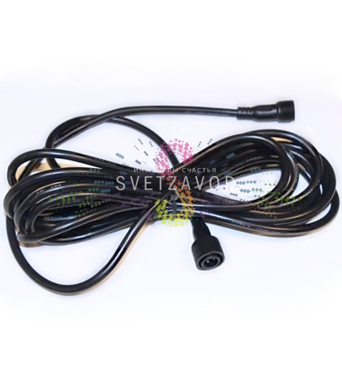 Детальное фото удлинителя Rich Led: черный кабель длиной 2 метра, специализированные разъемы для подключения к 10-метровым гирляндам Стринг Лайт фиксинг 220В.