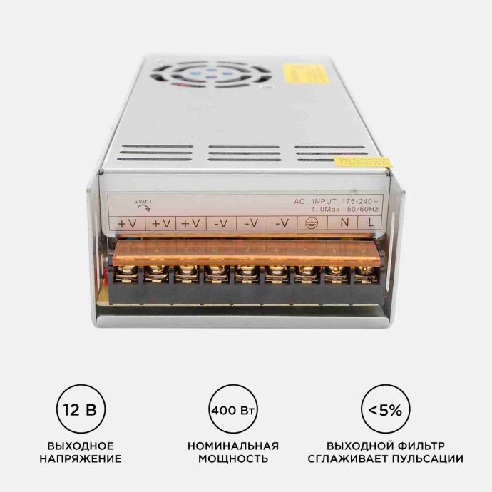 Детальное фото блока питания Apeyron Electrics 12В 400Вт: серебристый корпус, вентилятор, клеммы с маркировкой, IP20.