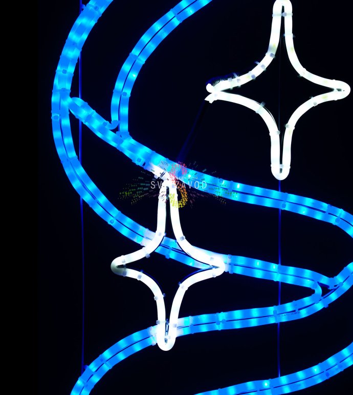 Крупный план светодиодной консоли 'Снежинка с лентой' 180х90 см, сине-белые светодиоды, металлический каркас, крепление бандажной лентой к опоре.