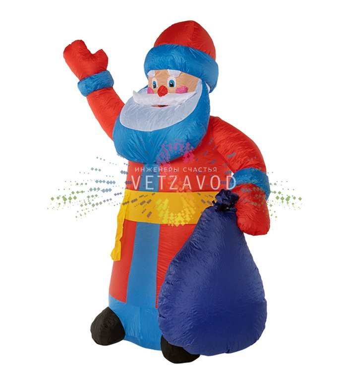 Детальное фото надувной фигуры Деда Мороза 180 см с теплой белой светодиодной подсветкой, компрессором и элементами крепления.