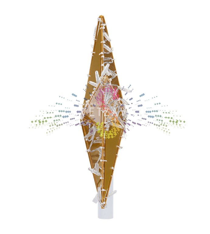 Детальное фото светодиодной звезды для елки Neon-Night: объемная 3D конструкция 50 см, 80 светодиодов теплого белого свечения, съемная монтажная труба и кольцо для подвеса.