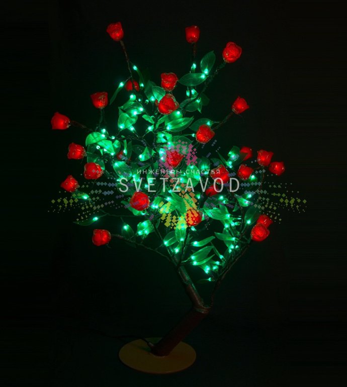 Детальное фото светодиодного куста SDK-440: красные цветы и зеленые листья, высота 80 см, блок питания в комплекте, степень защиты IP44.