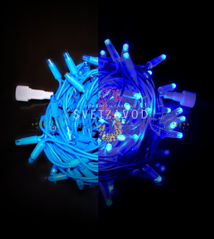 Детальное фото гирлянды Стринг Лайт Rich Led: синий каучуковый провод, светодиоды, защитные колпачки, длина 10 метров.