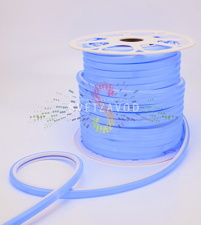 Крупный план синего светодиодного гибкого неона D-образного сечения 16х16 мм. Видны светодиоды SMD2835, матовая оплетка, маркировка. Крупный план синего светодиодного гибкого неона D-образного сечения 16х16 мм. Видны светодиоды SMD2835, матовая оплетка, маркировка.