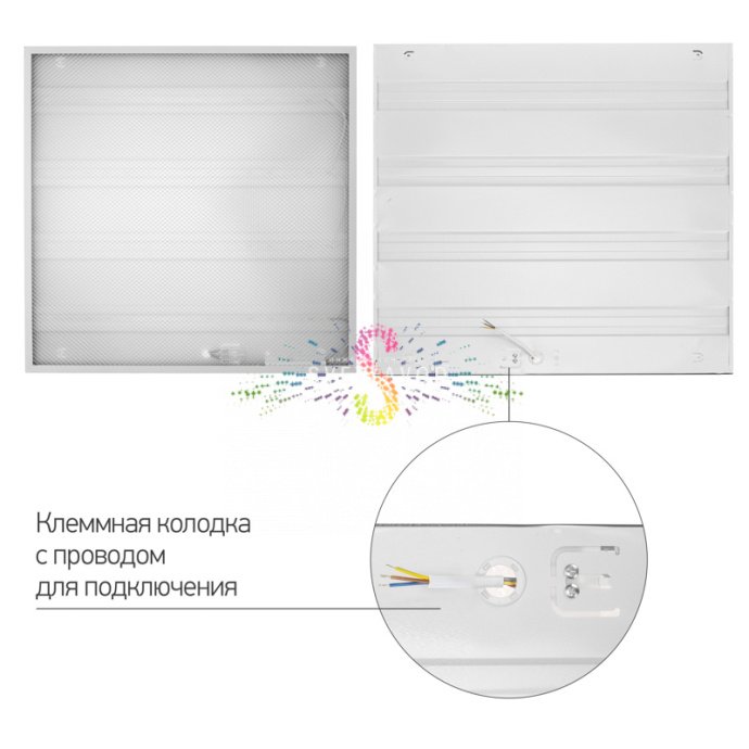 Крупный план белой светодиодной панели Призма 595х595мм с призматическим рассеивателем, видны элементы крепления.