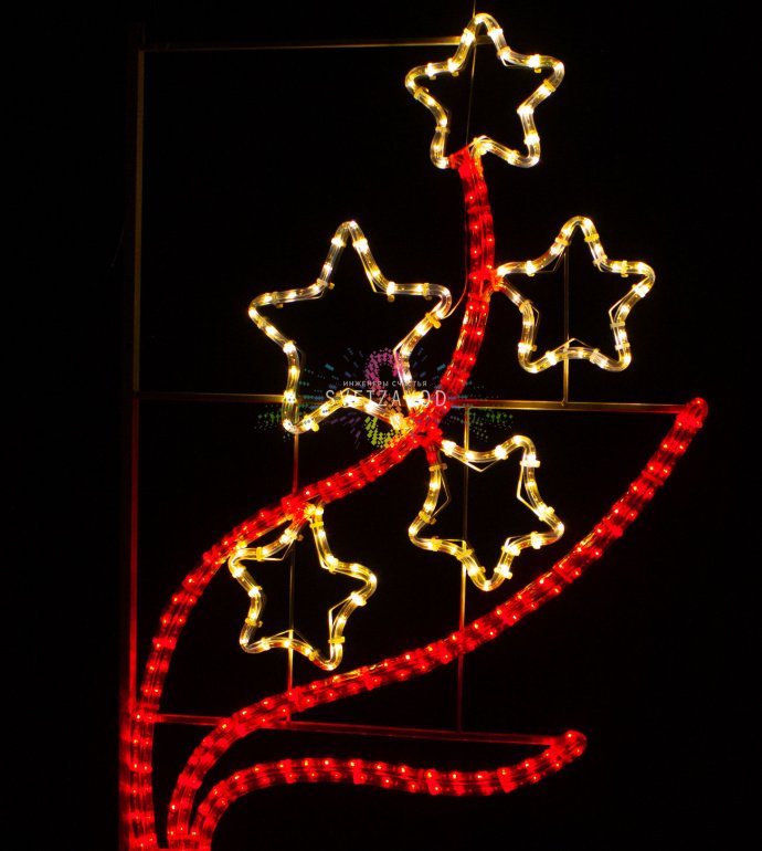 Детальное фото светодиодной консоли "Звезды Победы" для уличного монтажа. Видны металлический каркас, светодиодные модули, красные звезды и белое пламя. Размеры 150х60 см.