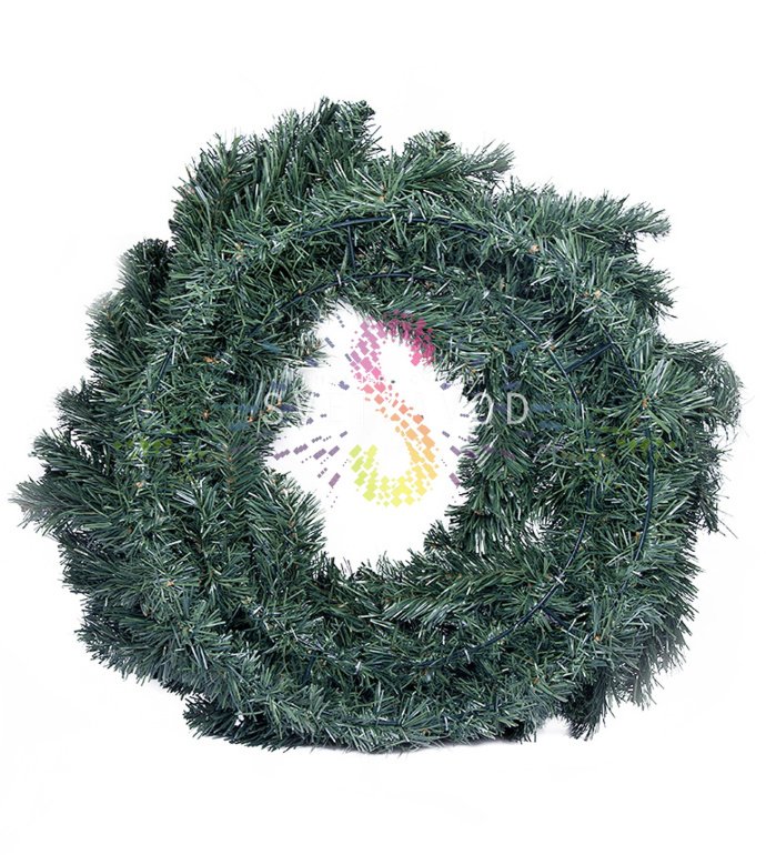 Детальное фото рождественского елового венка Neon-Night: реалистичные ветки из ПВХ, металлический каркас, эффект свечения.
