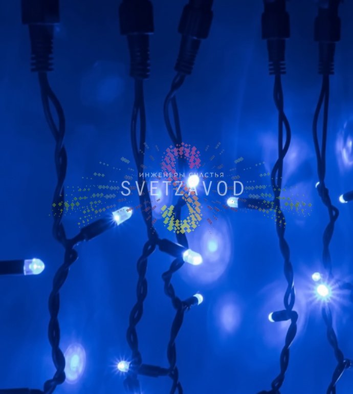 Детальное фото светодиодного занавеса Дождь 2х3м: видны горизонтальный шлейф, 20 вертикальных нитей по 3 метра, черный каучуковый провод, синие светодиоды и защитные колпачки.