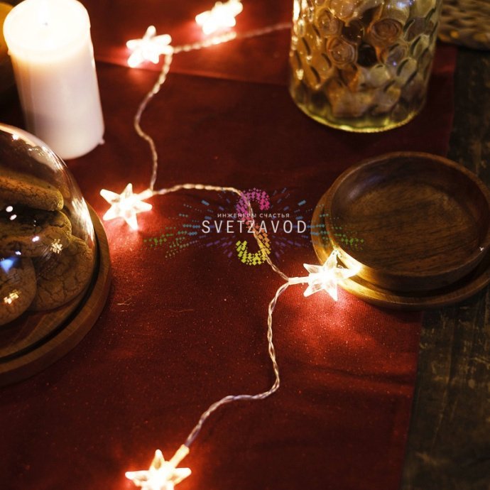 Детальное фото гирлянды Neon-Night Звездочки: 10 светодиодных звезд на прозрачном ПВХ-проводе, упаковка в коробке, элементы питания АА.