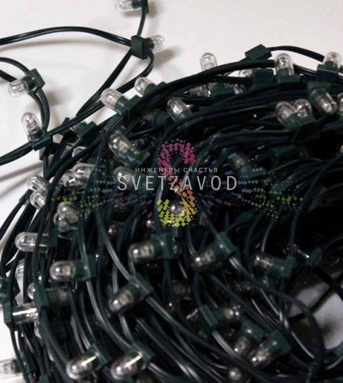Детальное фото светодиодной гирлянды Клип Лайт 12В, фиксинг, мульти, 666 LED, 100м, темно-зеленый ПВХ, с защитными колпачками на диодах, степень защиты IP64