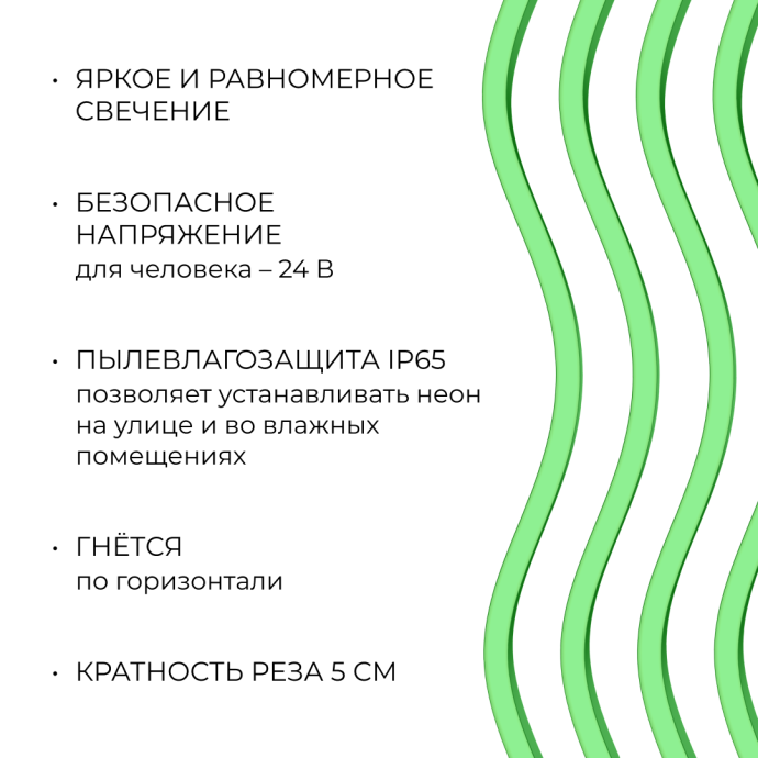 Детальное фото зеленого гибкого неона 24В, 10Вт/м, smd 2835 120д/м, сечением 6х12мм, IP65, 5м.