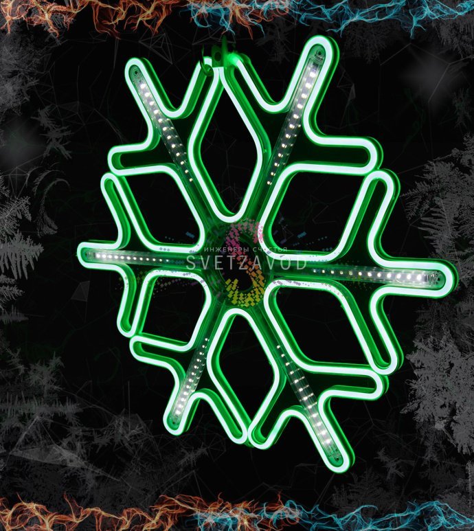 Детальное фото зеленой светодиодной неоновой снежинки 60 см с эффектом тающих сосулек, пластиковый каркас, степень защиты IP65.