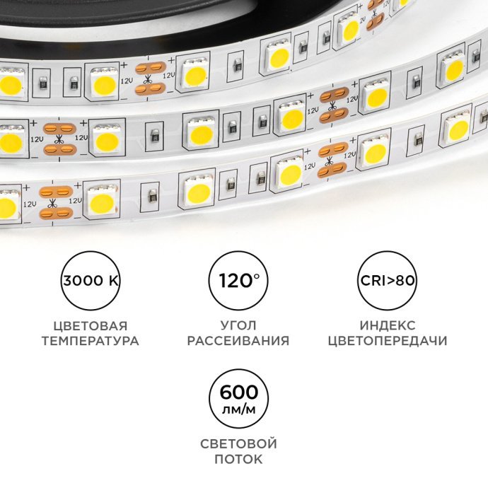 Крупный план: LED лента 12В SMD 5050 60д/м, теплый белый 3000К, двухслойная медная подложка, белая основа 10мм.