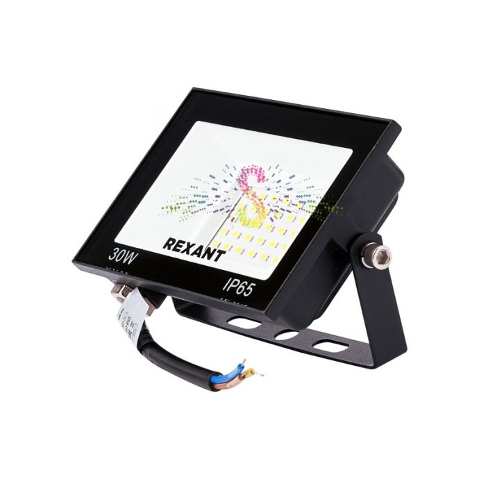 Крупный план черного алюминиевого светодиодного прожектора REXANT 30Вт с защитой IP65, стеклянным рассеивателем и монтажным кронштейном для установки на улице.