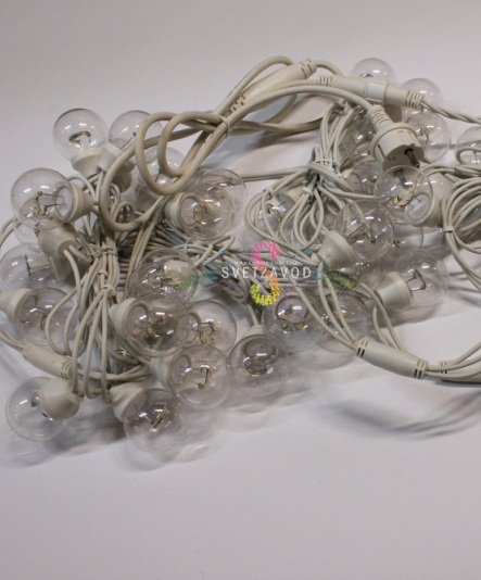Гирлянда с лампами, теплая белая, 10 метров, 50 ламп, белый провод