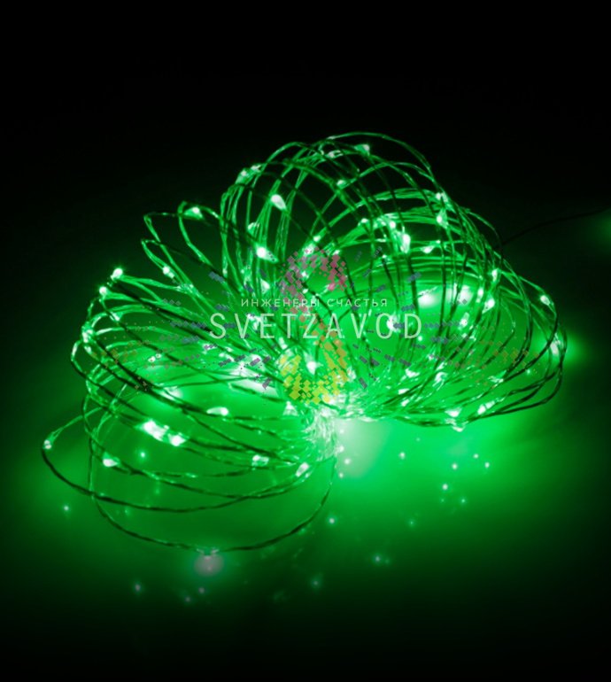 Детальное фото гирлянды Роса: 20-метровая светодиодная лента с 200 зелеными светодиодами, провод зеленого цвета, степень защиты IP65.