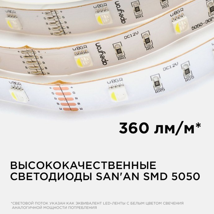 Гибкая светодиодная лента SMD5050 многоцветная 12В, 30д/м, IP20, 360Лм/м, двухслойная медная основа, ширина 10мм, для декоративной подсветки