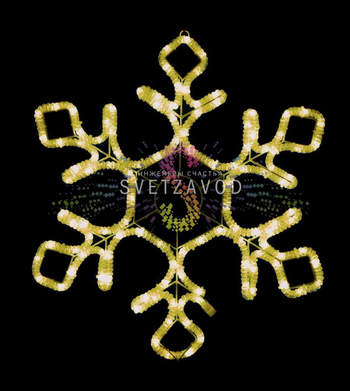 Детальное фото светодиодной снежинки для улицы с металлическим каркасом, степенью защиты IP65, в режиме постоянного свечения (фиксинг).