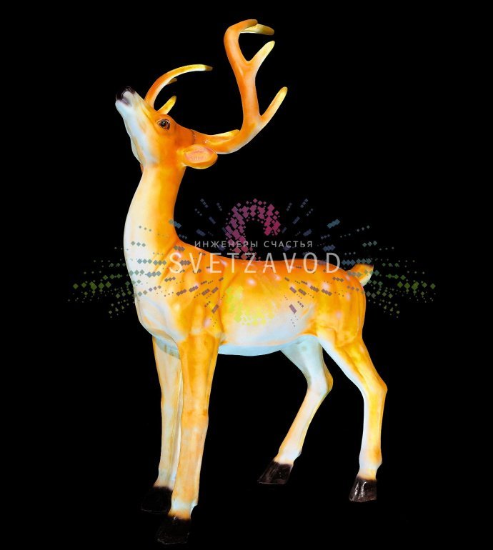 Крупный план светодиодной фигуры оленя из стекловолокна высотой 160 см. Видны детали конструкции, внутренняя светодиодная подсветка, влагозащищенный корпус и трансформатор в комплекте. Крупный план светодиодной фигуры оленя из стекловолокна высотой 160 см. Видны детали конструкции, внутренняя светодиодная подсветка, влагозащищенный корпус и трансформатор в комплекте.