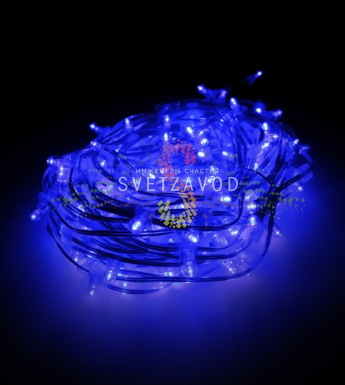 Детальное фото светодиодной гирлянды Клип Лайт 12В: синие мерцающие диоды с защитными колпачками на прозрачном проводе, бухта 30м, блок питания.