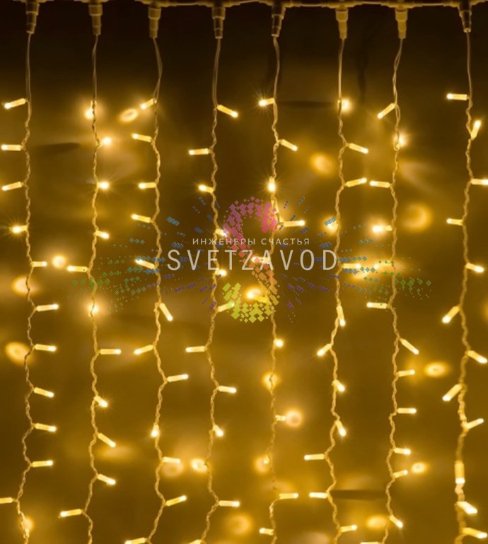 Детальное фото светодиодного дождя: горизонтальный шлейф 2 метра с 20 нитями по 1,5 м, 380 светодиодов, белый провод ПВХ.