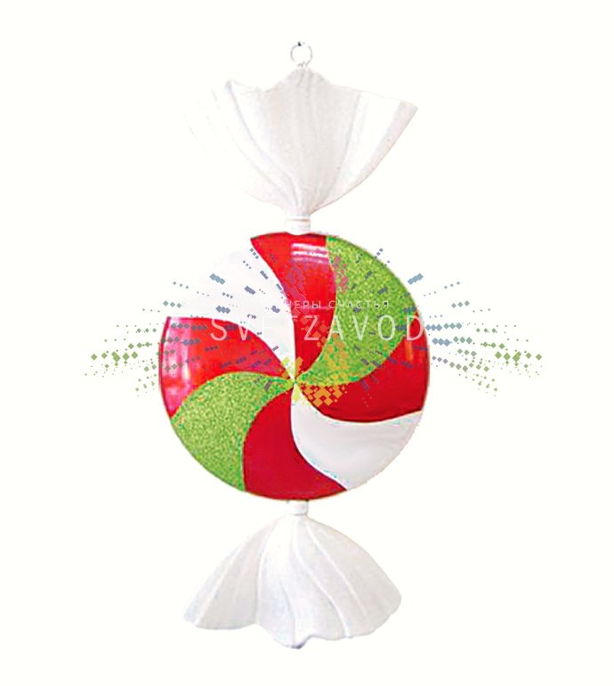 Детальное фото елочной фигуры Леденец от Neon-Night. Видны форма леденца, яркие полосы белого, красного и зеленого цвета, материал пластик. Фигура крупная, 102 см в высоту.