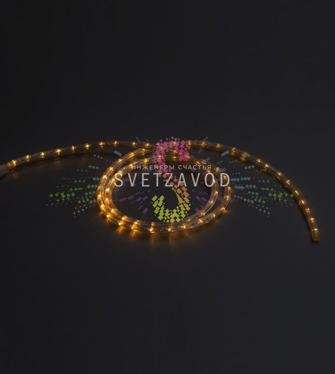 Детальное фото светодиодного дюралайта: желтые светодиоды в прозрачной гибкой трубке, силовой шнур, коннекторы и клипсы в комплекте.