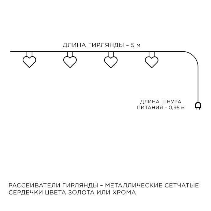 Гирлянда LED Сердце теплый свет, золотые сетчатые рассеиватели, прозрачный ПВХ-шнур 4м, 220V
