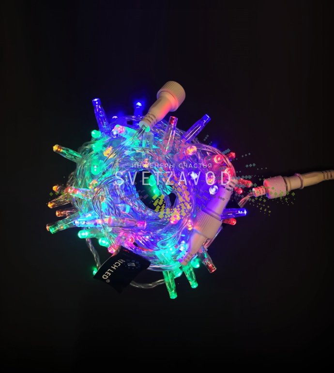 Детальное изображение гирлянды-нити Rich Led: прозрачный ПВХ провод, разноцветные светодиоды с защитными колпачками, расстояние между диодами 10 см.