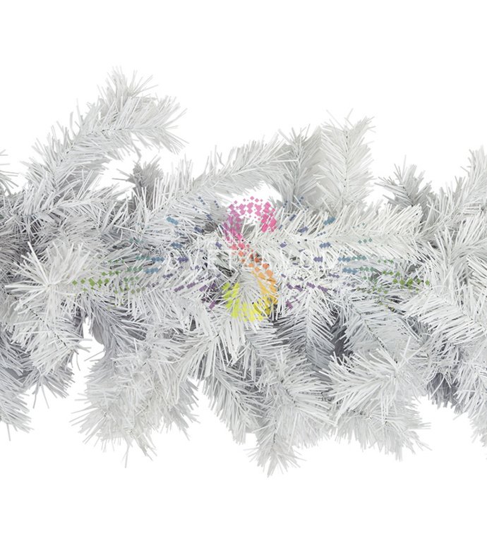 Детальное фото искусственного елового шлейфа Neon-Night: белоснежные ветки из ПВХ, длина 2,7 м, диаметр 36 см.
