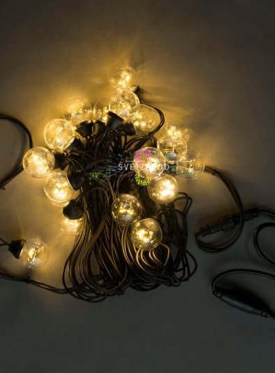 Гирлянда с лампами, теплая белая, 10 метров, 20 ламп, черный провод 