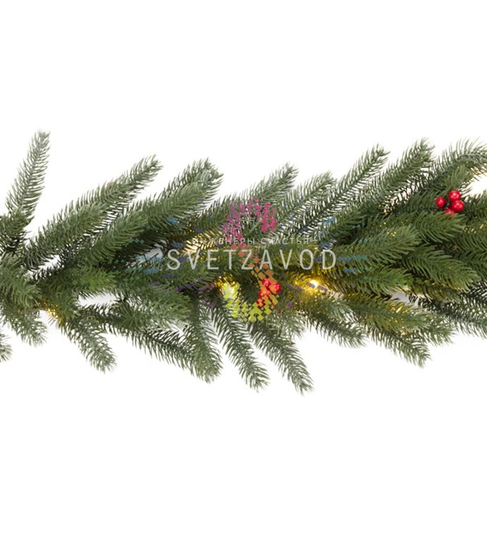 Детальное изображение елового шлейфа Neon-Night: литые темно-зеленые ветки, 48 красных ягод, 30 светодиодов теплого белого свечения, длина 180 см.