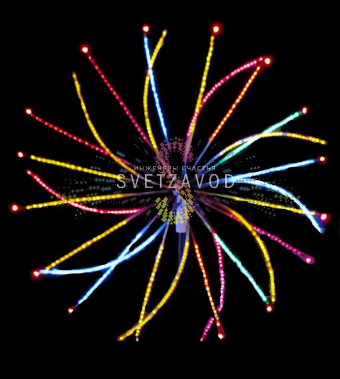 Крупный план светодиодного фейерверка Колесо SFW-215: металлический каркас, 30 пластиковых лучей, контроллер и блок питания в комплекте.