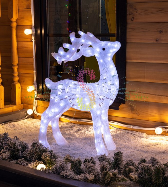 Детальное фото акриловой 3D фигуры оленя с 200 светодиодами, металлическим каркасом, степенью защиты IP65 и комплектным трансформатором 31В.