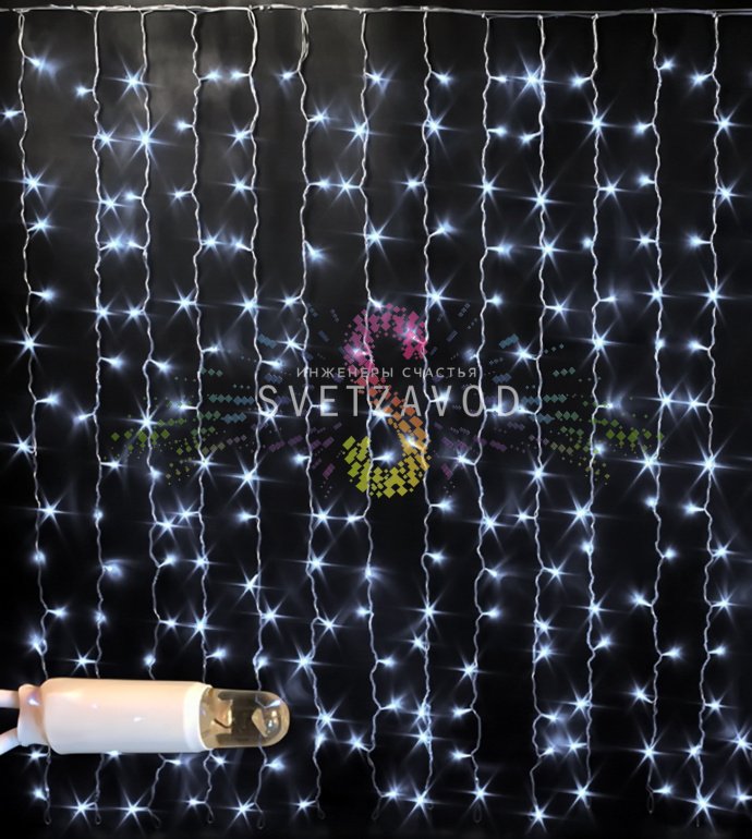 Детальное изображение светодиодного дождя Rich Led SPL-833: горизонтальный шлейф 2м, 20 нитей по 1,5м, белые провода ПВХ, светодиоды с защитными колпачками.