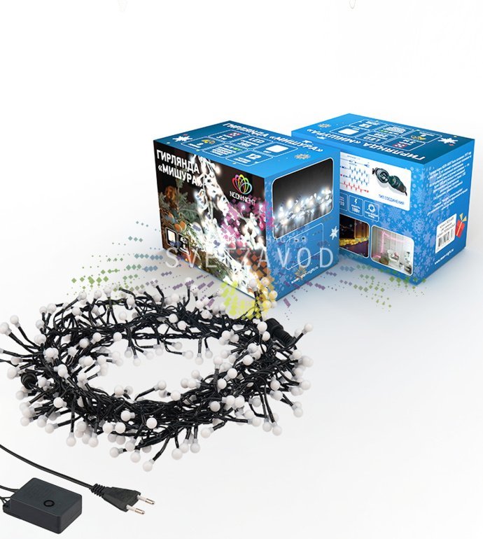 Детальное фото гирлянды Мишура Neon-Night SGG-720: черный ПВХ провод, 288 светодиодов теплого белого свечения, блок питания в комплекте.
