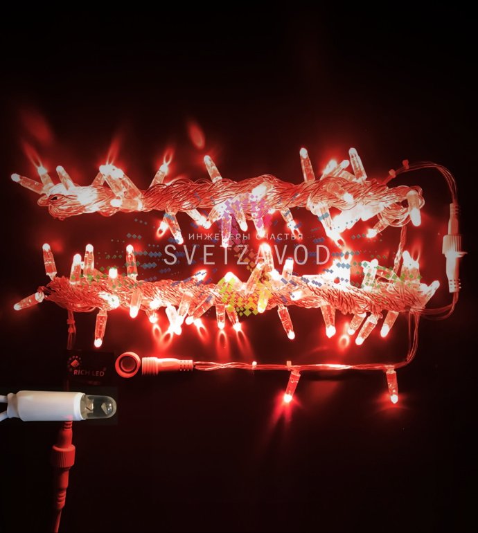 Детальное фото гирлянды-нити Стринг Лайт Rich Led: красные светодиоды на прозрачном ПВХ проводе, защитные колпачки, длина 10 метров.