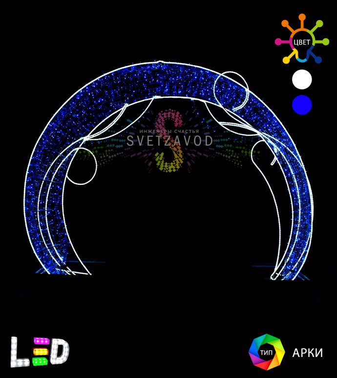 Детальное фото светодиодной арки Русский холод 350х300х35 см, металлический каркас с антикоррозийным покрытием, подключенная к сети.