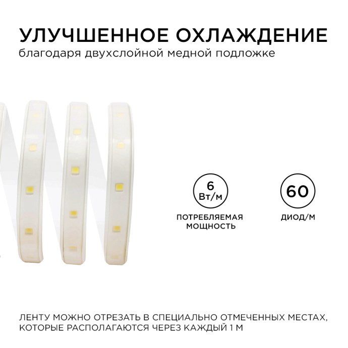 Светодиодная лента 220В IP65 холодный белый 6500К, размер 10х7 мм, 60 диодов SMD2835 на метр, в прозрачной оболочке с проводом