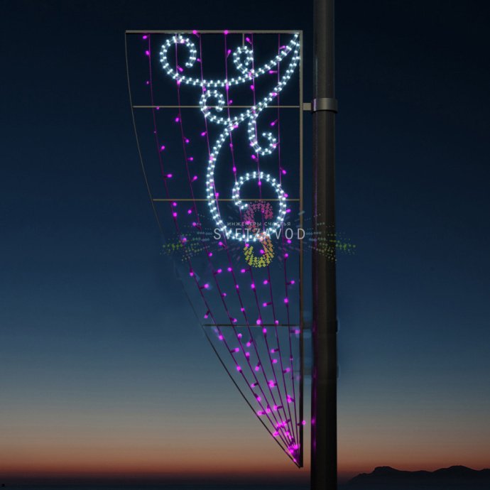 Детальное фото светодиодной консоли 'Вьюга' для уличного освещения. Видны металлический каркас, светодиодные модули белого и розового свечения, крепление для опоры.