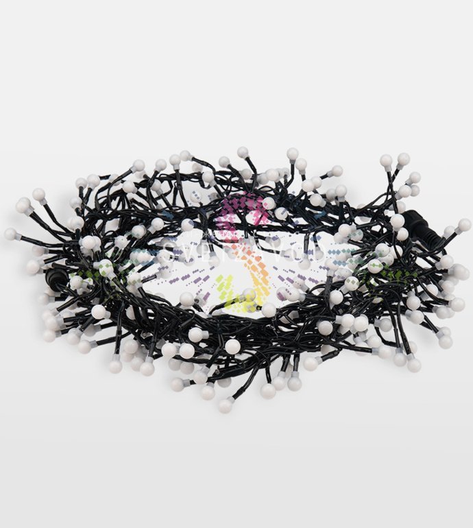 Детальное фото гирлянды Мишура Neon-Night SGG-720: черный ПВХ провод, 288 светодиодов теплого белого свечения, блок питания в комплекте.